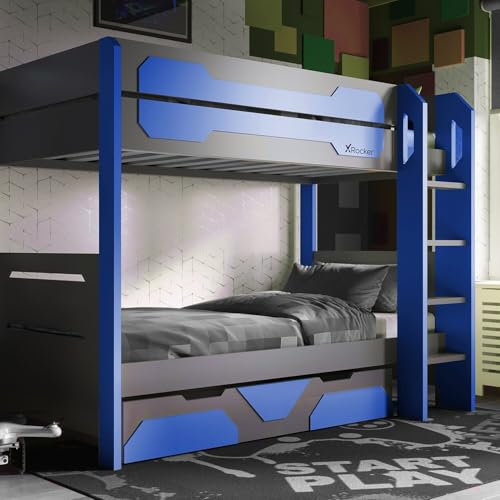 X-Rocker Battalion Bunk Bed, Wooden Frame Gaming Bed for Kids, Teens and Juniors with Underbed Storage Trundle Drawer 90x190cm Gaming Bunk Bed, Compact Bed Design for Boys & Girls - Blue