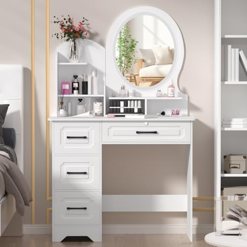 OSKOPWRC Schminktisch mit Spiegel und Lichtern, Schminktisch mit 4 Schubladen und Ablagen, Schminktisch, 3 Farbmodi und verstellbarer Helligkeit, Schminktisch, Mädchenzimmer, Weiß