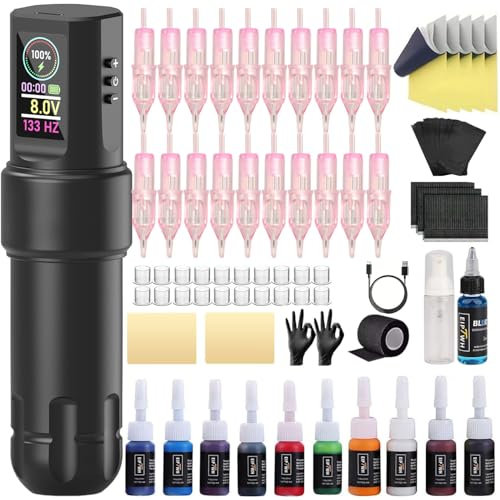 EIPTWH Komplettes Rotationsmaschinen-Set mit kabelloser Stromversorgung, 20 Stück Patronen Nadeln RL RM, 10 Tintenfarben, blaues Seifen-Transferpapier für Anfänger Künstler