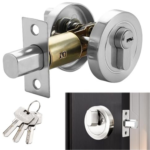 HIULLEN Single Cylinder Deadbolt, Round Deadbolt Lock with Keys, Zinc Alloy Door Locks, Invisible Modern Door Locks for 35-50mm Front, Entrance, Passage, Bedroom Doors (Silver)