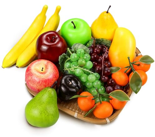 Lorigun 13 Stück künstliche Früchte Packung, künstliche Obst Dekoration Realistische Faux Fruits für Party Chirstmas Dekoration, künstliche Äpfel Fake Orangen Trauben Dekoration Prop