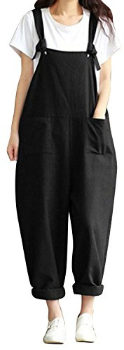 Jacansi Women Loose Overall Strap Sleeveless Long Playsuit Jumpsuit with Pockets Black L