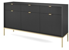 Easy4You Kommode N1 Schwarz Matt 154x83x40 cm (B x H x T) mit 3 Schubladen und 3 Türen Sideboard Ideal für Wohnzimmer, Schlafzimmer Moderne Elegante Schubladenschrank mit Gold Metallfuß
