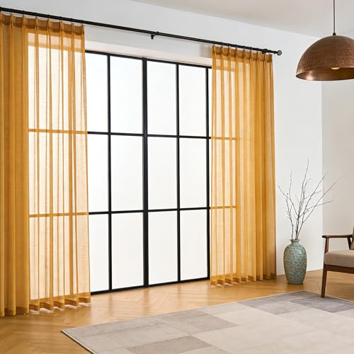 Dark Gold Pinch Pleated Sheer Curtains & Drapes 102 Inches Long Thin Linen | Textured Floor to Ceiling Curtain Living Room Dining Sliding Glass Door Bedroom 2 Panel Fall Light Filtering Window Treatment