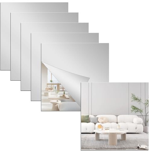 QEEYON 6 Stück Klebespiegel Selbstklebend, 20x20cm Spiegel zum Kleben, 2mm Acryl Spiegelfolie Selbstklebend Spiegel für Badezimmer Wohnzimmer Schlafzimmer Schrank