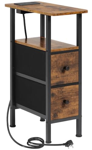 AMHANCIBLE Slim Bedside Table with Charging Station, Narrow Side Table with 2 Fabric Drawers, Small End Table with Open Storage Shelf, Nightstand for Small Spaces, Living Room, Brown HETNDP02BR-1