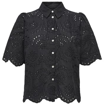 ONLY Damen Bluse Kurzarm Rundhals Kentkragen Knopfleiste Unifarben Modisch
