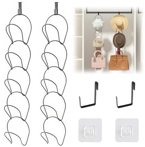 Pack de 10 Soporte Organizador de Gorras, Baseball Cap Rack de Pared con 2 Piezas Gancho, Metal Soporte Colgar Gorras, Gorra de Béisbol Ganchos Colgar para Bufanda, Ropa, Toallas, Corbatas (Negro) | Colgante, ajustable, con ganchos, para bufandas, bolsos, toallas, ropa