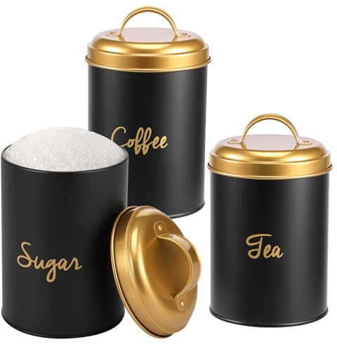 BAODBF Zuckerdosen Set 3,Behälter mit Deckel,Kaffee Zucker Tee Dose Set,Platzsparendes Aufbewahrungsbehälter,Vorratsdosen für Kaffee,Tee & Zucker(Schwarz+Gold)
