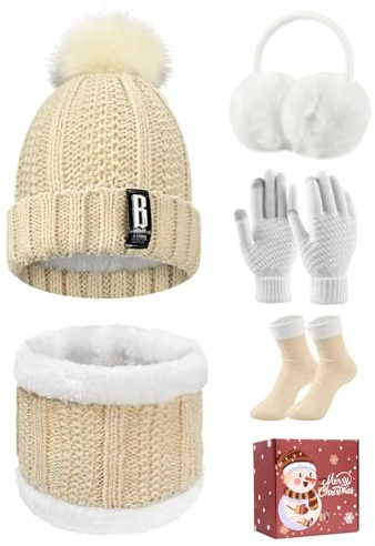 Tuopuda Wintermütze Handschuhe Damen Warme Beanie Winter Mütze Strickmütze Schal Gestrickte Handschuhe Verdickte Socken Plüsch Ohrenschützer Kombi Set Geschenk für Outdoor Sport Wärmen