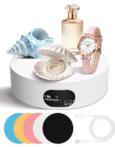 MYMULIKE Motorized Rotating Display Stand, Electric Rotating Turntable with PVC Backdrop, 6.3inch/16cm 360° rotation, Noiseless Automatic USB Revolving Platform to Display Jewelry, Watch