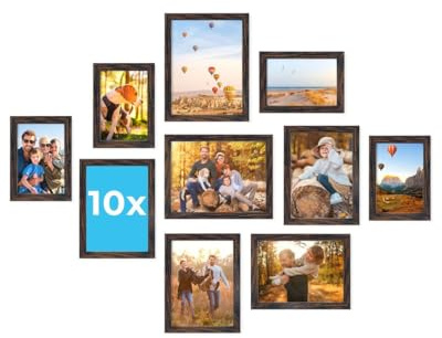 PHOTOLINI Bilderrahmen Set verschiedene Größen, Bilderwand Collage 10 Rahmen, Bilderrahmen-Set Eiche dunkel Holz MDF, Aufstellen & Aufhängen, Acrylglas, photo frames for wall 10x15, 13x18 & 15x20 cm