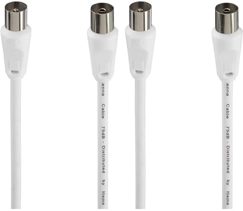 Hama Cordon d’Antenne Coaxial Mâle-Femelle 1,5m 75dB (Câble TV Blindé Haute Qualité, Compatible TNT DVB-T2 Radio FM HD, Connexion Antenne Téléviseur) Blanc (Lot de 2)