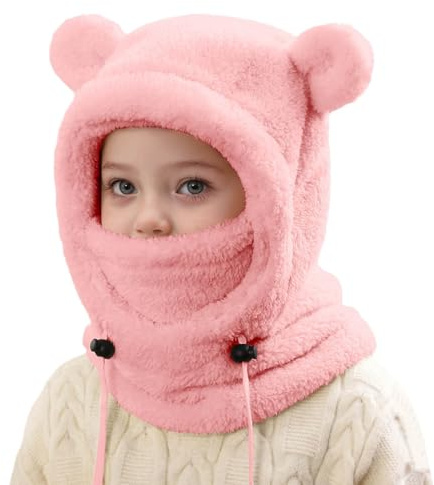 Generisch Schlupfmütze Kinder Warme Wintermütze Mädchen Jungen,Niedlich Schalmütze mit Zwei Ohren,Weiche Kuschelige Plüsch Sturmhaube,3 in 1 Fleece Gesichtsmaske Schal Mütze Kinder