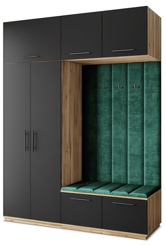 Masseno Flugarderoben Set Rema, Kleiderschrank-Set mit Sitzbank, Garderobenschrank Flur mit 5 Regalböden, Eiche Wotan/Schwarz