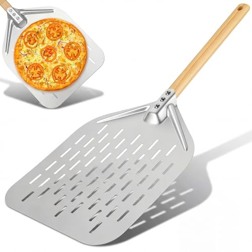 Dexpally 12 Pollici Pala per Pizza, Pala Pizza Forata in Alluminio con Manico in Legno Rimovibile, per Barbecue a Gas, Barbecue e Forno, per Riporre Facilmente La Pizza Grande, 40 x 30 cm