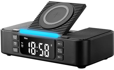 Wesafrae Wireless Ladestation mit Bluetooth -Lautsprecher, FM -Radio, Nachtlicht, Telefonhalter und Einstellbares Display