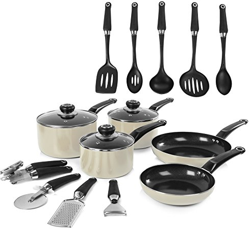 Morphy Richards Equip 14 Piece Cookware Set (3 Pots + 2 Saucepans + 9 Utensils), Cream, Aluminium