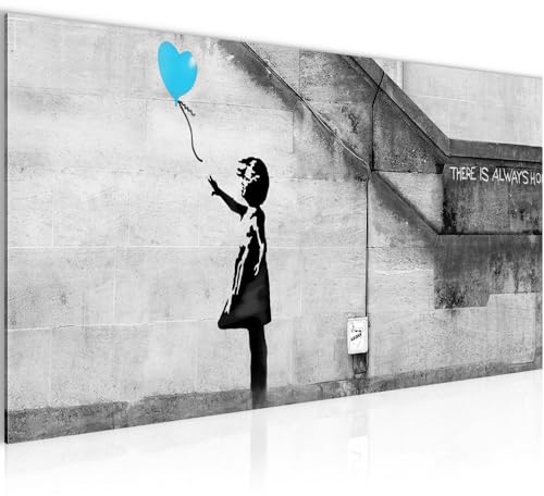 Runa Art Wandbild Banksy Ballon Girl 1 Teilig 100 x 40 cm Modern Bild auf Vlies Leinwand Street Art Loft Wohnzimmer Blau 301612c