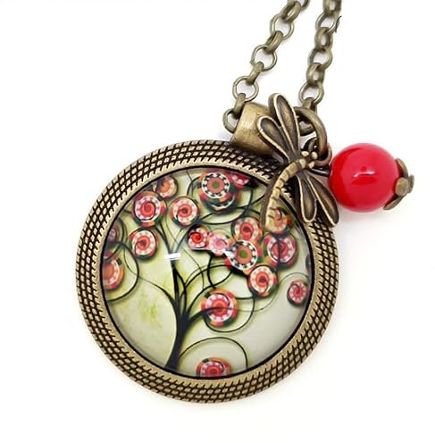 Sautoir Illustré Arbre de Vie Vert Rouge et Noir en Métal Bronze avec Cabochon en Verre, Breloque et Perle en Jade