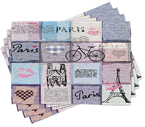 ABAKUHAUS Paris Platzmatten, Grunge Strukturierte Retro Collage Von Paris Mit Berühmtem Eiffelturm Europa Thema, Waschbare Stoff Esszimmer Küche Tischdekorations Digitaldruck, Rougeblau