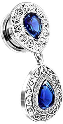beyoutifulthings Ohr-Tunnel Tropfen Anhänger Silber Zirkonia Blau Clear Ohr-Piercing Edelstahl Ohr-Schmuck Screw Fit Plug Schraub-Verschluss 10mm