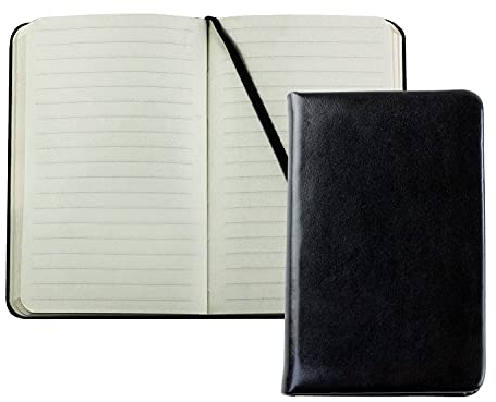 DELMON VARONE - Personalisierbares Taschen Notizbuch DIN A6 schmal, gebunden in Premium Vintage Leder schwarz - Blanko Buch liniert im Hardcover Ledereinband mit Fadenheftung und Merkband