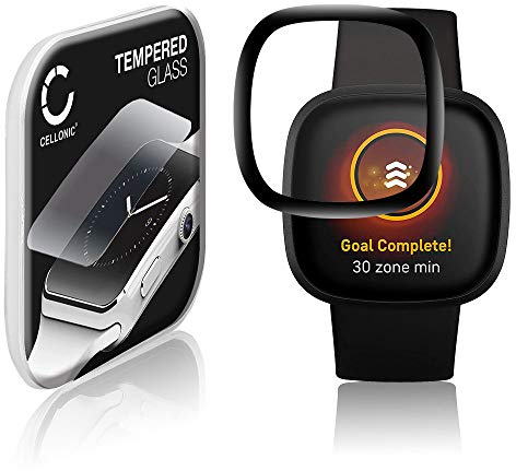 CELLONIC 9H Display Schutzglas für FitBit Versa 3 / Sense Smartwatch, 3D Full Cover Full Glue Screen Protector Glass, Fitness Tracker Displayschutz Glas schwarz Schutzfolie