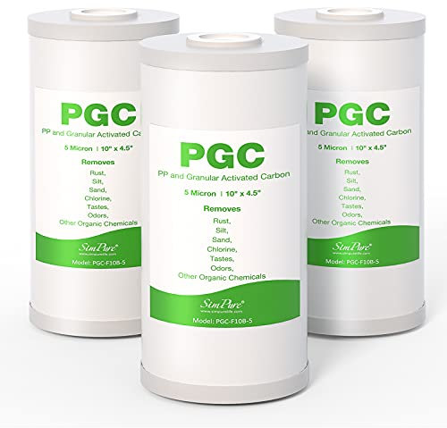 SimPure PGC - Confezione da 3 filtri per acqua a sedimenti e carbone per tutta la casa, 5 micron, 25,4 x 11,4 cm, cartuccia di ricambio per GE FXHTC, GXWH40L, RFC-BB / 155141-43, WRC25HD, WDGD-5005
