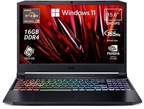 Acer Nitro 5 AN515-45-R7UW Notebook Gaming, procesador AMD Ryzen 7 5800H, RAM 16 GB DDR4, 1024 GB PCIe SSD, pantalla 15.6 QHD IPS 165 Hz G-sync eligible, NVIDIA GeForce RTX 3080 8 GB, Windows 11 Home
