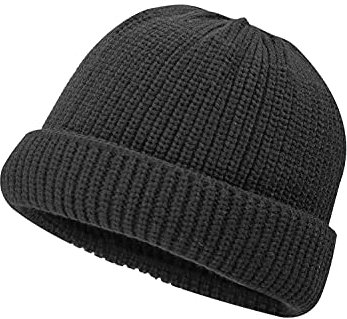 CLAPE Wolle Docker Mütze Herren Strickmütze Damen Stretchy Fischermütze Trawler Beanie Watch Hat Roll up Edge Skullcap Rollmütze Extra Kurz in Schwarz Two Size