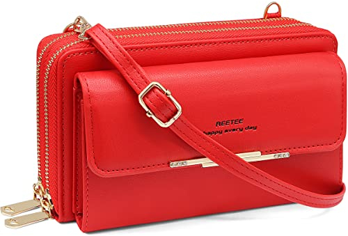 Sac Téléphone Portable Femme RFID Blocage Portefeuille Femmes Petit Sac Bandoulière Grande Capacite Porte Monnaie Femmes en Cuir Pochette Telephone Portable avec Porte-Cartes et Bandoulière (rouge)