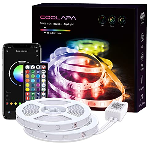 COOLAPA Ruban LED 50M CW-112, LED Ruban Contrôlé par APP du Smartphone, Synchroniser avec la Musique, Télécommande à 44 Touches, 24v Led Bande, pour Maison Cuisine, Bar. 2 × 25m Rgb