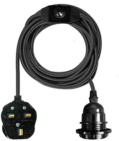 LEDSone Industrial Hanging Pendant Light with Plug-in, E27 Suspended Lamp Holder, 4m Fabric Flexible Cable with Dimmer Switch for Ceiling Hanging Lights (Black)