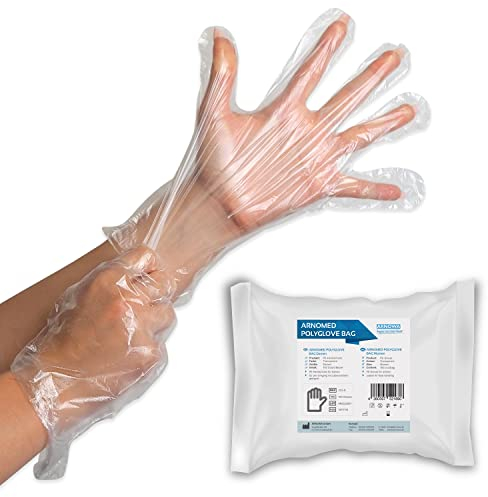 ARNOMED Guanti monouso in PE da donna, 100 pezzi guanti usa e getta per bustina, guanti plastica domestici per alimenti, guanti trasparenti monouso protettivi per tinte capelli, guanti sottili