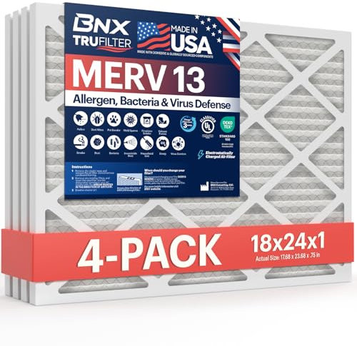 BNX 18x24x1 MERV 13 Air Filter 4 Pack - MADE IN USA - Electrostatic Pleated Air Conditioner HVAC AC Furnace Filters - Removes Pollen, Mold, Bacteria, Smoke