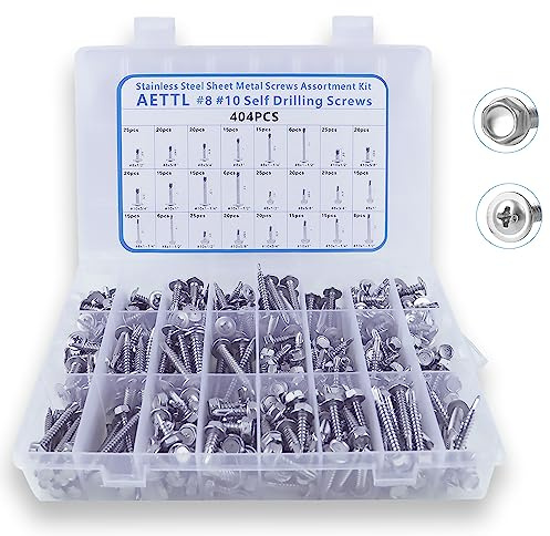 Self Drilling Screws,AETTL 404pcs #8#10 Stainless Steel Hex Head & Wafer Head Self Tapping Screws Assortment Kit, Includes 24 Most Common Sizes Self Tapping Screws for Metal Building and Repair