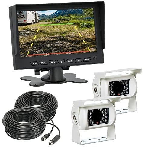 VSG24 Rückfahrkamera 7 Starter-Set Wohnmobil inkl. 2 Kameras in Weiß, Monitor, Kabel & Fernbedienung – Wasserdicht Nachtsicht 12V-24V / Robustes Rückfahrsystem für Wohnwagen Wohnmobile