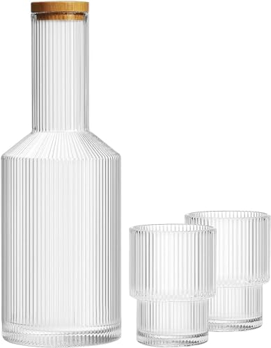 ALINK Glass Bedside Water Carafe with Lid and Glass Cups Set, Ribbed Carafe Glassware Drinking Glasses for Nightstand, 27oz Vintage Fluted Glassware Water Pitcher - Clear