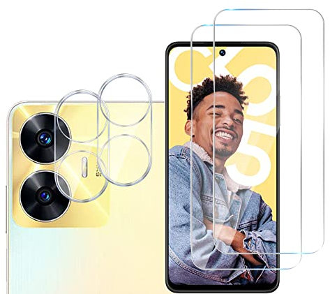 GMUJIAO [2+2 Pack Compatible con Realme C55 para Protector de Pantalla & Protector de Lente de cámara Cristal Templado,Cristal Vidrio Templado Premium[Antiarañazos]