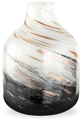 Torre & Tagus 22,9 cm hohe mundgeblasene Glasvase mit Wirbelmuster (Kunstglasvase), zylinderförmige Schwarze und weiße Vasen, Heimdekoration, handgefertigte mundgeblasene Vase für Blumen