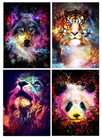 SHEGZHUC Diamond Painting Set 4er Tiere 30x40 cm Diamant Painting Bilder Tiger im Universum Malen nach Zahlen Wolf Diamond Painting Löwe Diamond Painting Pandabär im Universum Perlenbild Kinder