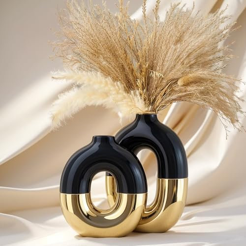 Keramikvasen-Set in Schwarz und Gold, runde Donut-Vase für Pampasgras für Regaldekoration, Zuhause, nordische Moderne ovale Vase für Bücherregal, Kaminsims, Tafelaufsätze, Bauernhaus, rustikale