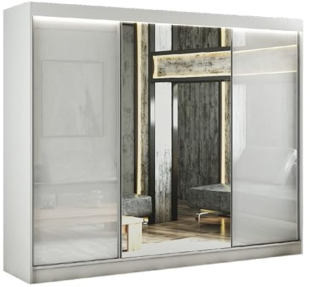 Margaret Hadas24 Kleiderschrank Venus 250 cm mit Spiegel, Organizer, Mehrzweckschrank, Schwebetürenschrank, Garderobenschrank, Kleiderstange, Kleiderständer, Flurschrank,3-türig, weiß, lacobel weiß