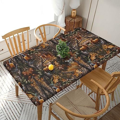 FRGMNT Jagd-Tischdecke, Hirsch, Bär, Hirsch-Druck, elastische Tischdecke, wasserdicht, gesäumt