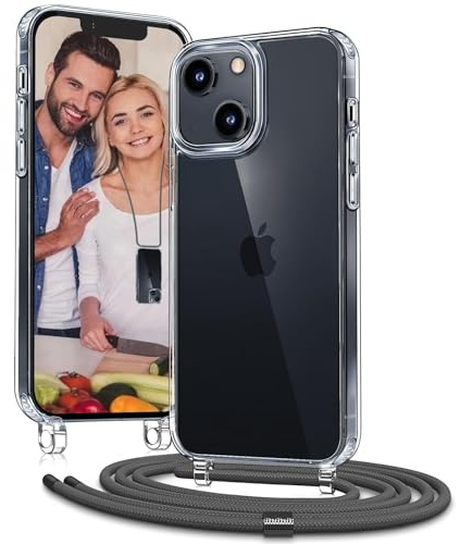 OLEPHY Transparente Funda con Correa para iPhone 15 Plus 6,7, Gris | Case con Cuerda para hombro y cordón [Ajustable y Extraíble],