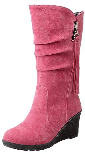 rismart Stivali Western Donna Polpaccio Medio Tacco a Zeppa Foderato con pelliccia sottile Camoscio Scarpe Invernali Fucsia,41.5