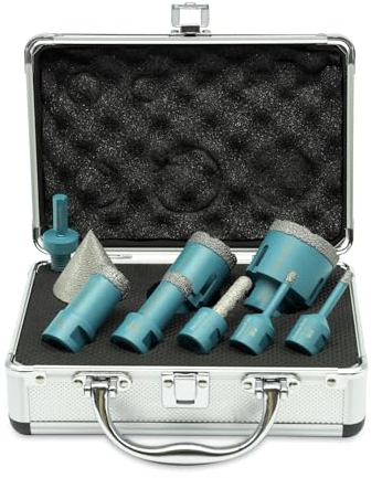 JeeynoTols Broca diamante kit 9 piezas (6/6/20/25/35/50mm + 10mm fresa + 50mm broca biseladora + adaptador hexagonal) - M14 corona diamante kit para azulejos de porcelana, cerámica, granito y mármol.