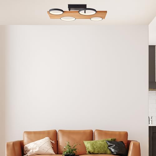 Lightbox Nature Deckenlampe - 10 x 55 x 35 cm - moderne Deckenleuchte mit Holz Balken aus Kiefer - LED Kreise & 3 Stufen Dimmer - 28 W, 3400 lm, 3000 K - aus Metall/Holz - in Matt Schwarz/Braun