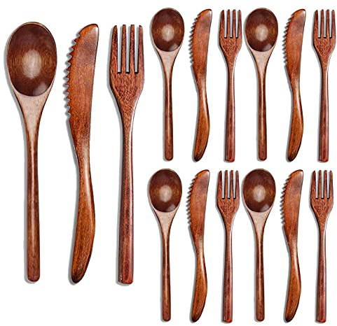 Gichusizy Lot de 15 couverts en bois avec cuillères en bois, couteaux, couverts
